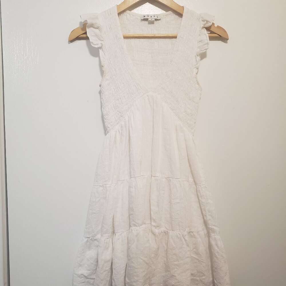 Hyfve White Ruffle Mini Dress with V-Neck – Size S
